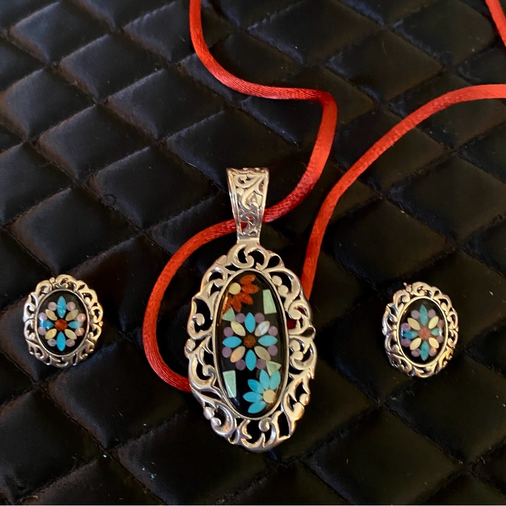 Vintage Carolyn Pollack Black Onyx Mosaic Inlay Necklace & Earring Set